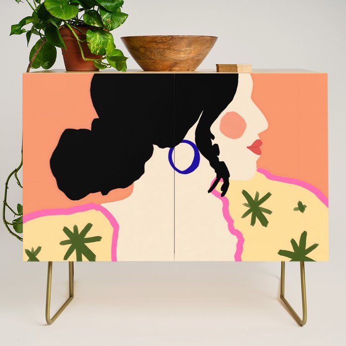 Profile, Bohemian Woman Casual Illustration, Eclectic Feminine Chic Pastel Painting, Girl Boss Lady Dress Up, Floral People Moods Credenza Gallery Image 1