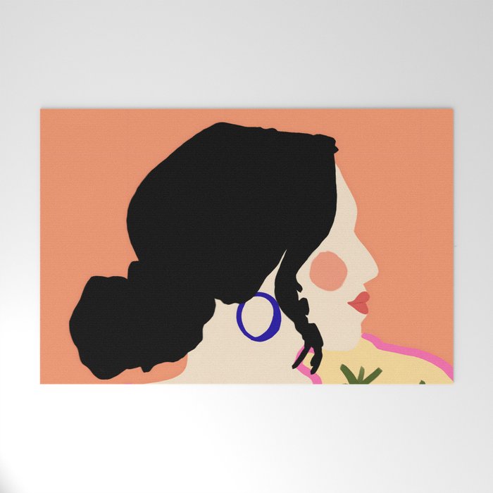 Profile, Bohemian Woman Casual Illustration, Eclectic Feminine Chic Pastel Painting, Girl Boss Lady Dress Up, Floral People Moods Welcome Mat Gallery Image 1