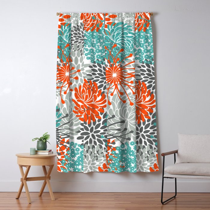 Orange and Teal Floral Abstract Print Window Curtain Gallery Image 1