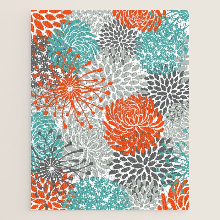 Orange and Teal Floral Abstract Print Jigsaw Puzzle Gallery Image 1
