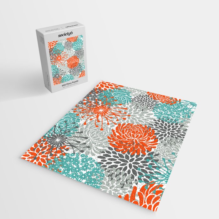 Orange and Teal Floral Abstract Print Jigsaw Puzzle Gallery Image 2