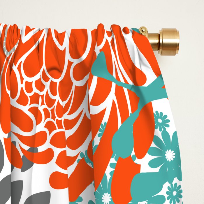 Orange and Teal Floral Abstract Print Window Curtain Gallery Image 2