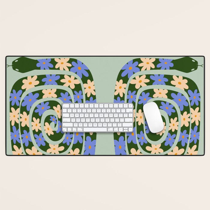 Flower Snake - Green, Blue and Off White Desk Mat Gallery Image 1