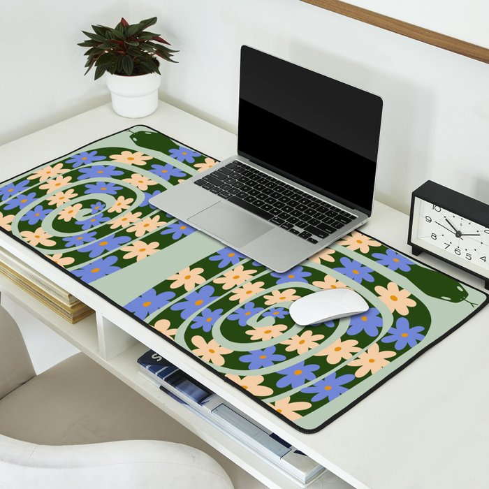 Flower Snake - Green, Blue and Off White Desk Mat Gallery Image 2