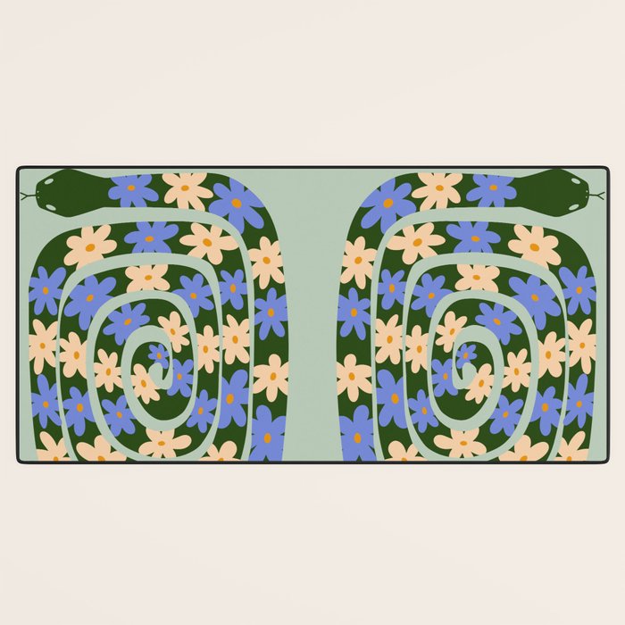 Flower Snake - Green, Blue and Off White Desk Mat Gallery Image 3