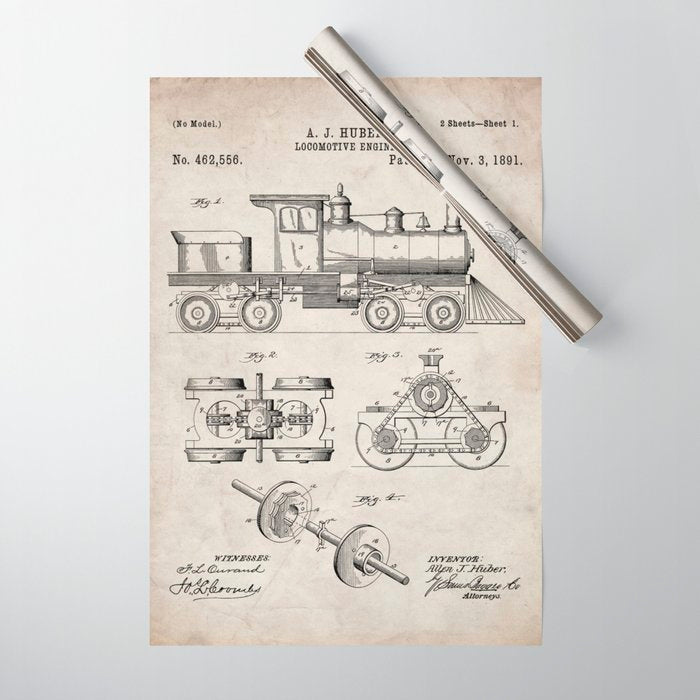 Train Locomotive Patent - Steam Train Art - Antique Wrapping Paper Gallery Image 1
