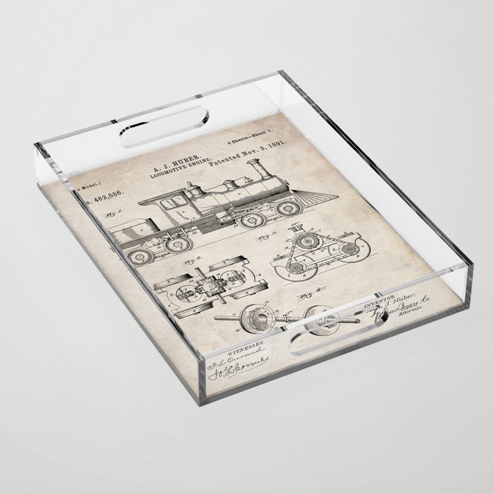 Train Locomotive Patent - Steam Train Art - Antique Acrylic Tray Gallery Image 1
