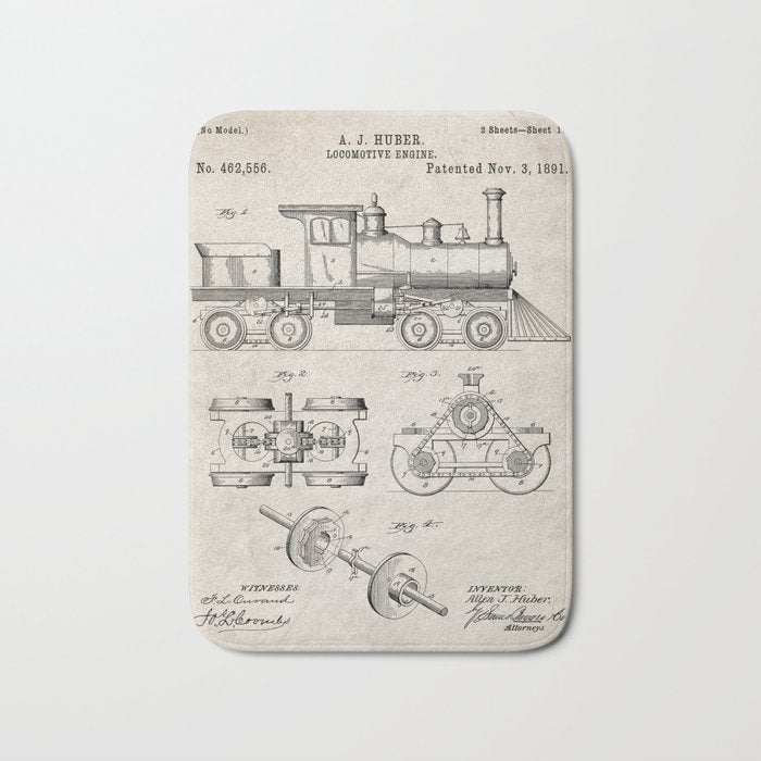 Train Locomotive Patent - Steam Train Art - Antique Bath Mat Gallery Image 1