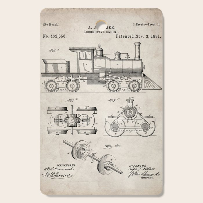 Train Locomotive Patent - Steam Train Art - Antique Cutting Board Gallery Image 1