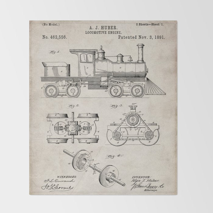 Train Locomotive Patent - Steam Train Art - Antique Throw Blanket Gallery Image 2
