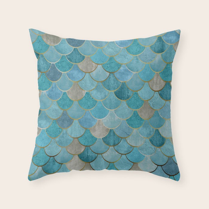 Moroccan Fish Scale Mermaid Pattern, Teal Blue and Gold Throw Pillow Gallery Image 6