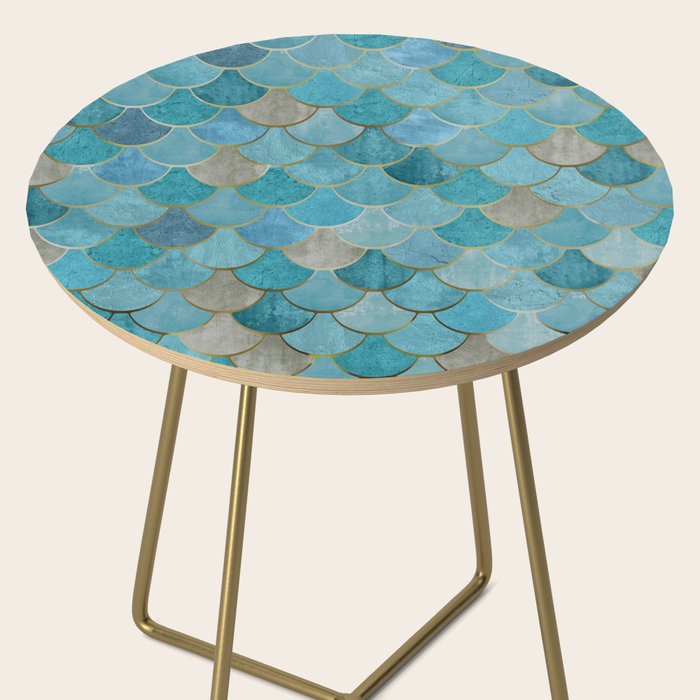 Moroccan Fish Scale Mermaid Pattern, Teal Blue and Gold Side Table Gallery Image 2