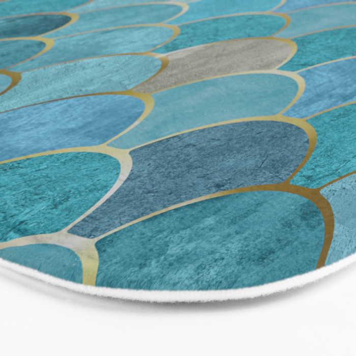 Moroccan Fish Scale Mermaid Pattern, Teal Blue and Gold Bath Mat Gallery Image 3