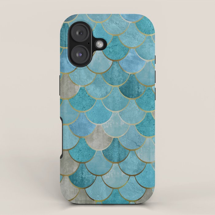 Moroccan Fish Scale Mermaid Pattern, Teal Blue and Gold iPhone Case Gallery Image 1