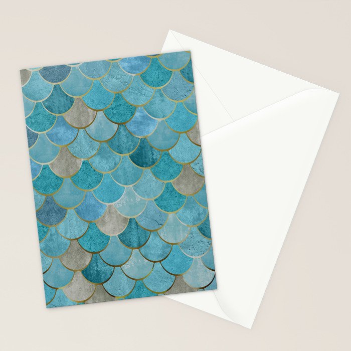Moroccan Fish Scale Mermaid Pattern, Teal Blue and Gold Stationery Card Gallery Image 2