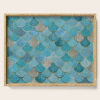 Moroccan Fish Scale Mermaid Pattern, Teal Blue and Gold Serving Tray Gallery Image 1