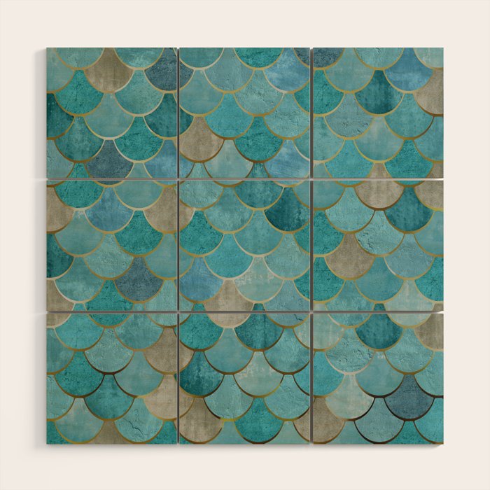 Moroccan Fish Scale Mermaid Pattern, Teal Blue and Gold Wood Wall Art Gallery Image 1