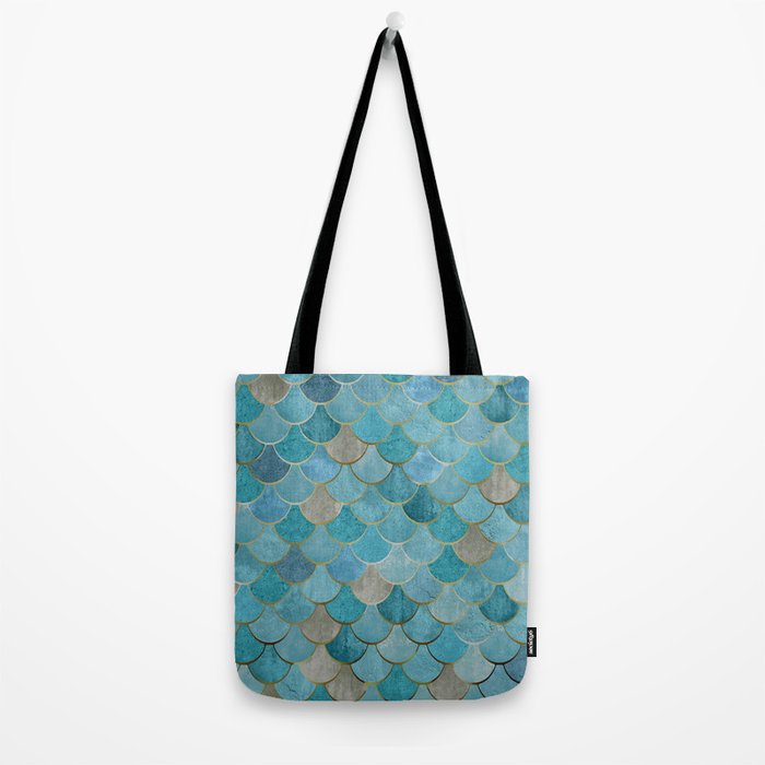 Moroccan Fish Scale Mermaid Pattern, Teal Blue and Gold Tote Bag Gallery Image 2