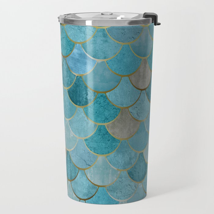 Moroccan Fish Scale Mermaid Pattern, Teal Blue and Gold Travel Mug Gallery Image 2