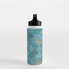 Moroccan Fish Scale Mermaid Pattern, Teal Blue and Gold Water Bottle Gallery Image 3