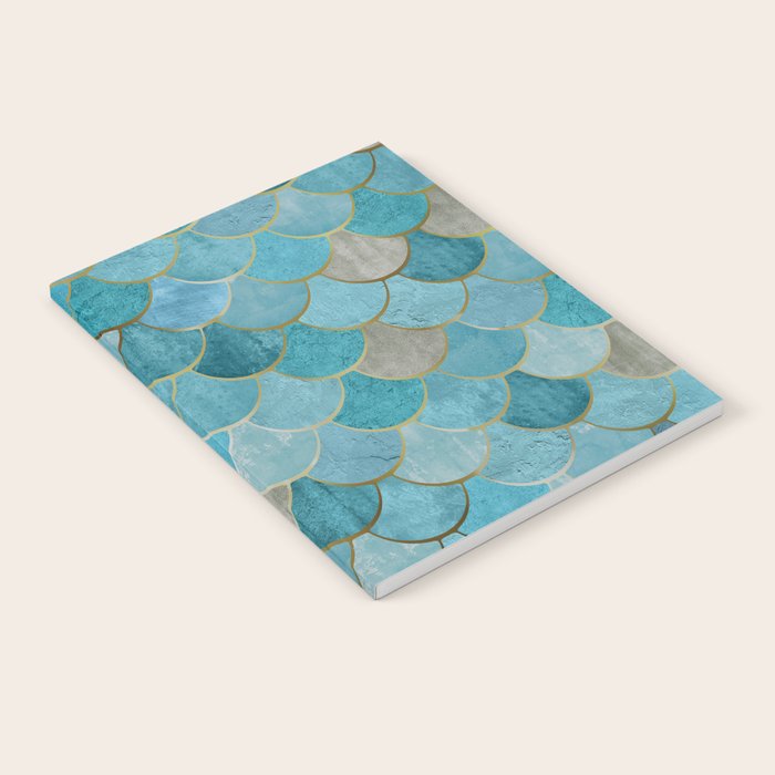 Moroccan Fish Scale Mermaid Pattern, Teal Blue and Gold Notebook Gallery Image 2