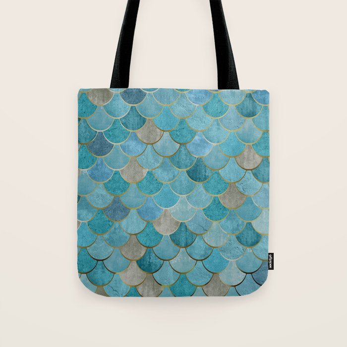 Moroccan Fish Scale Mermaid Pattern, Teal Blue and Gold Tote Bag Gallery Image 1
