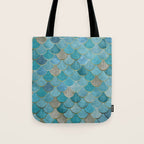 Moroccan Fish Scale Mermaid Pattern, Teal Blue and Gold Tote Bag Gallery Image 1