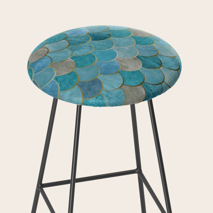 Moroccan Fish Scale Mermaid Pattern, Teal Blue and Gold Stool Gallery Image 2