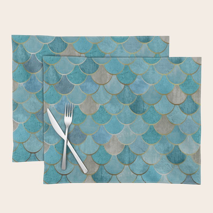 Moroccan Fish Scale Mermaid Pattern, Teal Blue and Gold Placemat Gallery Image 1
