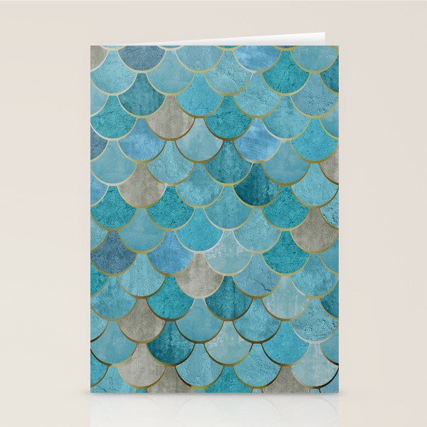 Moroccan Fish Scale Mermaid Pattern, Teal Blue and Gold Stationery Card Gallery Image 1