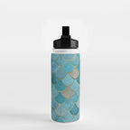 Moroccan Fish Scale Mermaid Pattern, Teal Blue and Gold Water Bottle Gallery Image 2