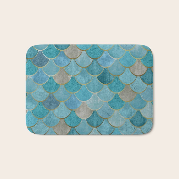 Moroccan Fish Scale Mermaid Pattern, Teal Blue and Gold Bath Mat Gallery Image 1