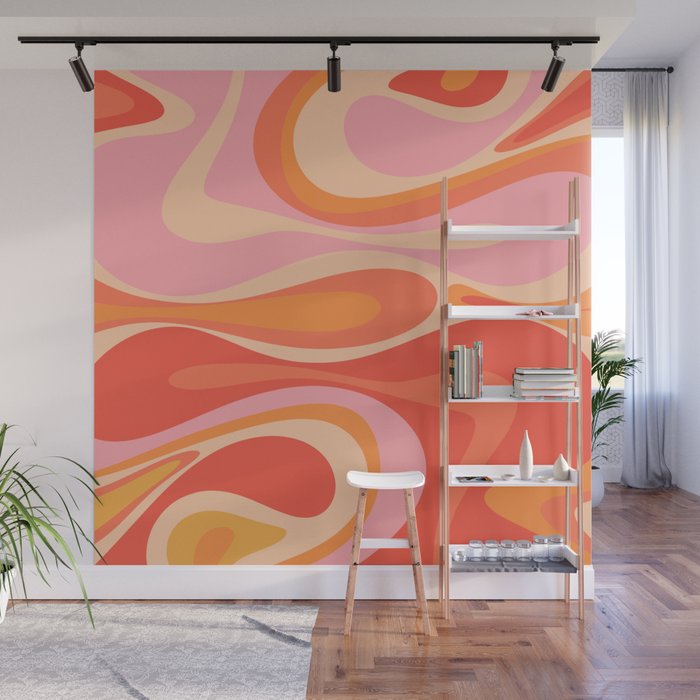 Mod Thang Trippy Retro Modern Abstract Pattern Orange Pink Apricot  Wall Mural Gallery Image 1