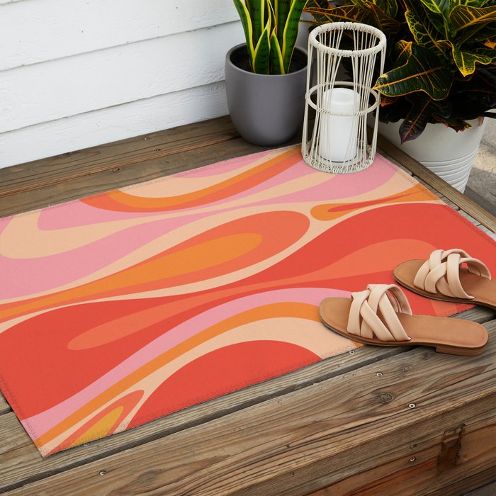 Mod Thang Trippy Retro Modern Abstract Pattern Orange Pink Apricot  Outdoor Rug Gallery Image 2
