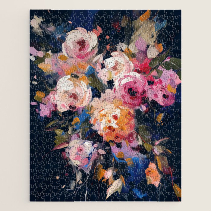 Splashes of Pink and Navy Flowery Art Jigsaw Puzzle Gallery Image 1