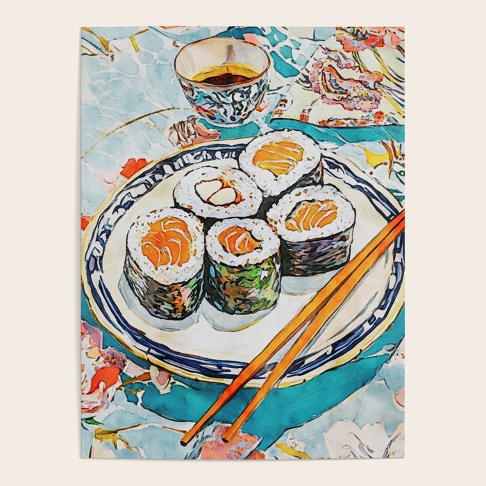 Sushi Watercolor Still Life Illustration Poster Gallery Image 1