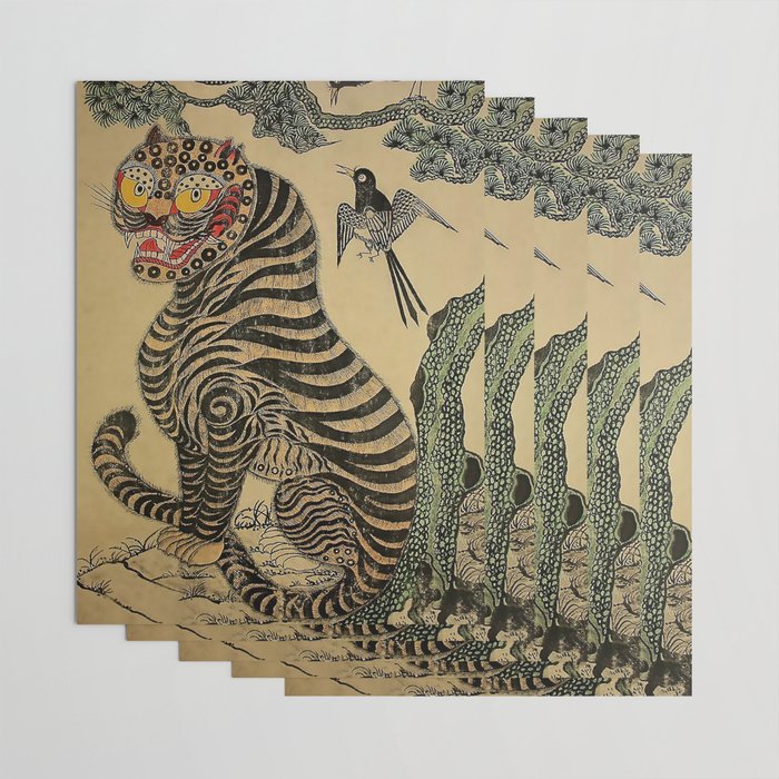 Striped Vintage Minhwa Tiger and Magpie Wrapping Paper Gallery Image 3