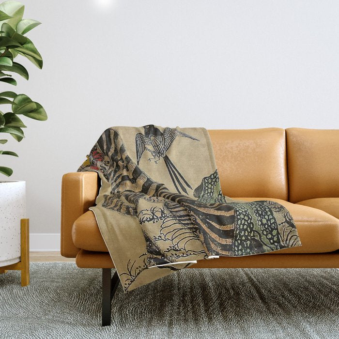 Striped Vintage Minhwa Tiger and Magpie Throw Blanket Gallery Image 1
