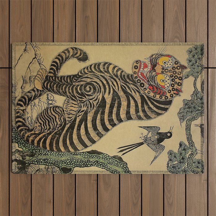 Striped Vintage Minhwa Tiger and Magpie Outdoor Rug Gallery Image 1