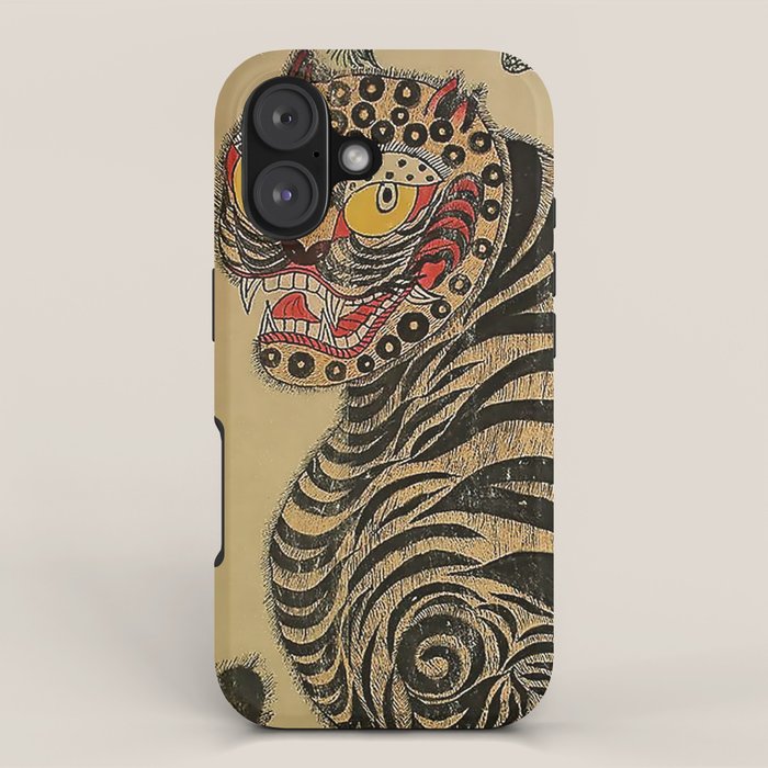 Striped Vintage Minhwa Tiger and Magpie iPhone Case Gallery Image 1