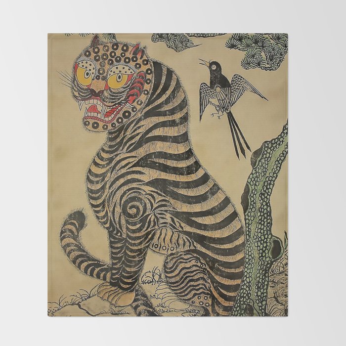 Striped Vintage Minhwa Tiger and Magpie Throw Blanket Gallery Image 2