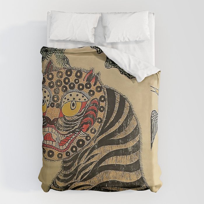 Striped Vintage Minhwa Tiger and Magpie Duvet Cover Gallery Image 1