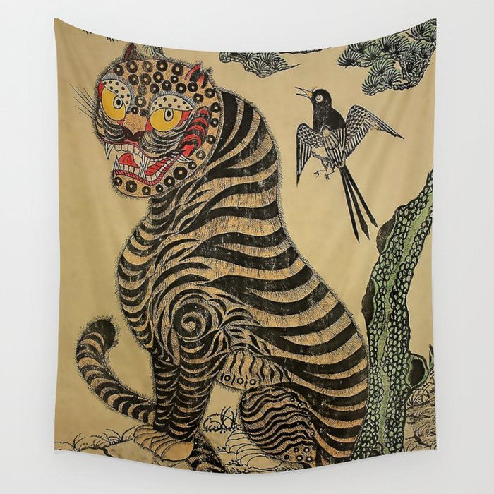 Striped Vintage Minhwa Tiger and Magpie Wall Tapestry Gallery Image 1