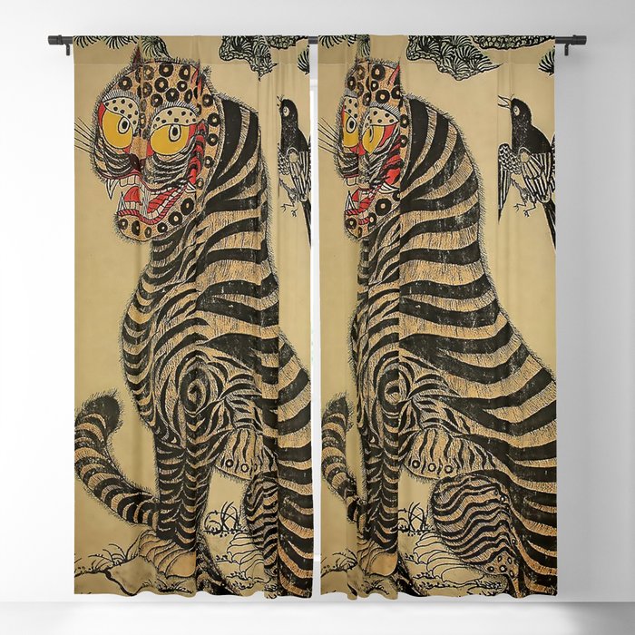 Striped Vintage Minhwa Tiger and Magpie Window Curtain Gallery Image 1