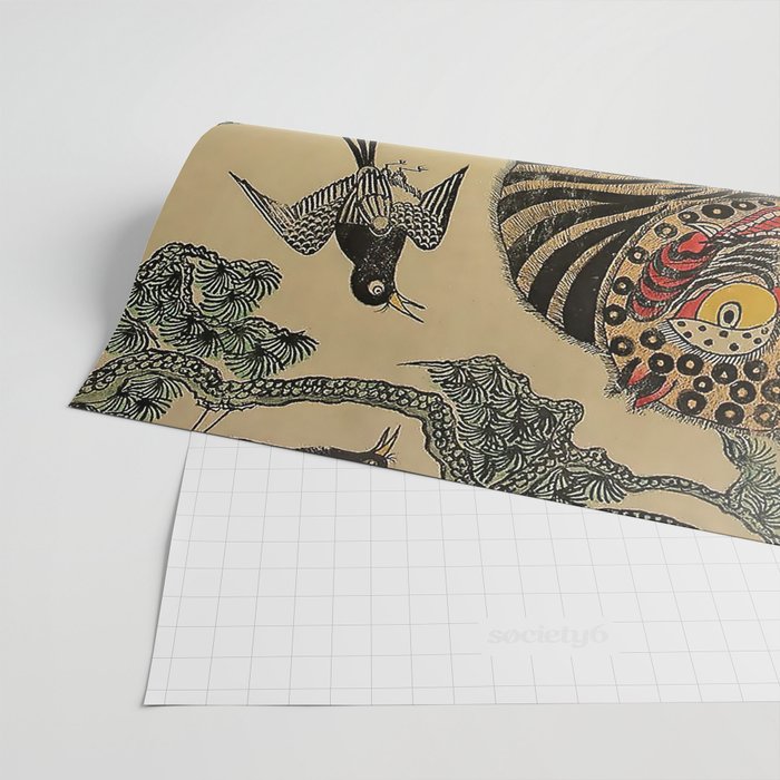 Striped Vintage Minhwa Tiger and Magpie Wrapping Paper Gallery Image 2