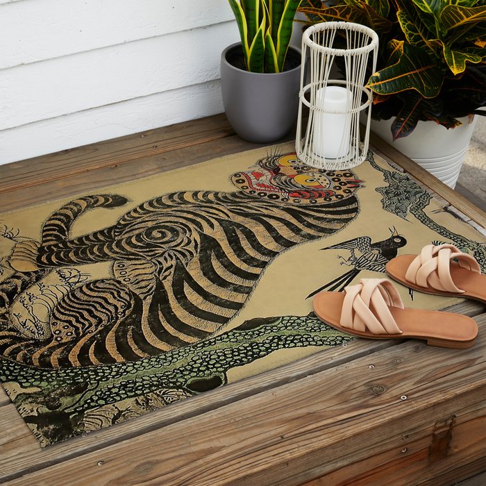 Striped Vintage Minhwa Tiger and Magpie Outdoor Rug Gallery Image 2