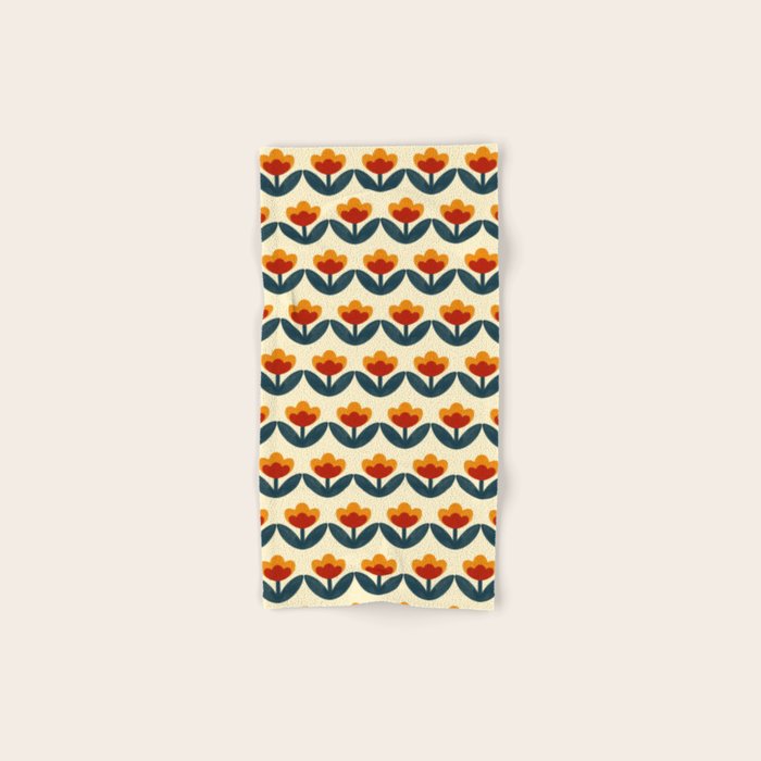 Retro 70s Floral Pattern in Mid-Century Red, Marigold, and Navy  Bath Towel Gallery Image 1