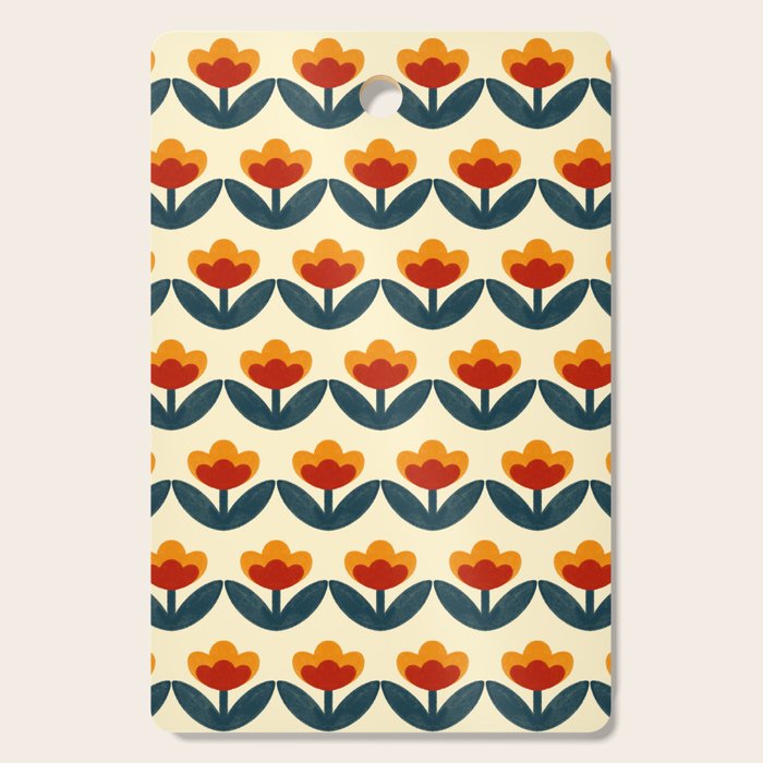 Retro 70s Floral Pattern in Mid-Century Red, Marigold, and Navy  Cutting Board Gallery Image 1