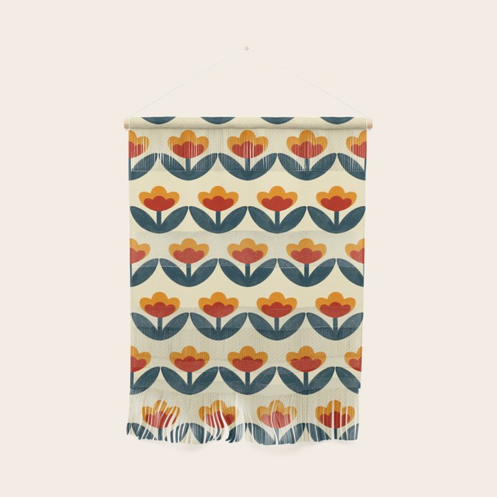 Retro 70s Floral Pattern in Mid-Century Red, Marigold, and Navy  Wall Hanging Gallery Image 1