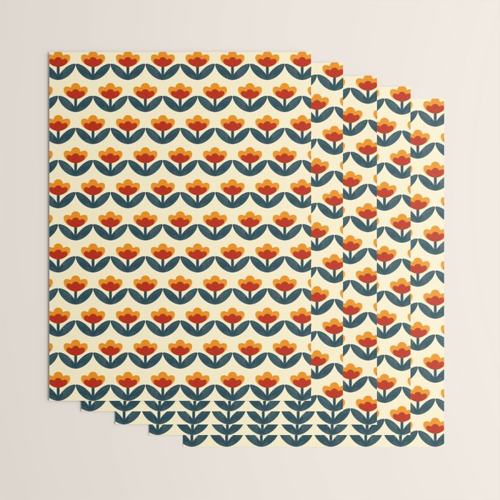 Retro 70s Floral Pattern in Mid-Century Red, Marigold, and Navy  Wrapping Paper Gallery Image 3